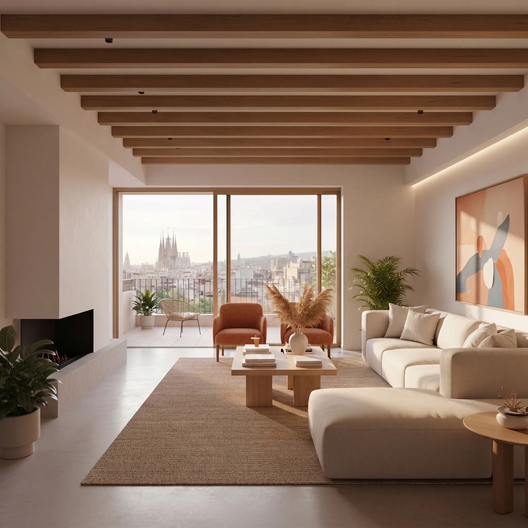 Vídeo inmobiliario de salón de lujo con vigas de madera en Barcelona