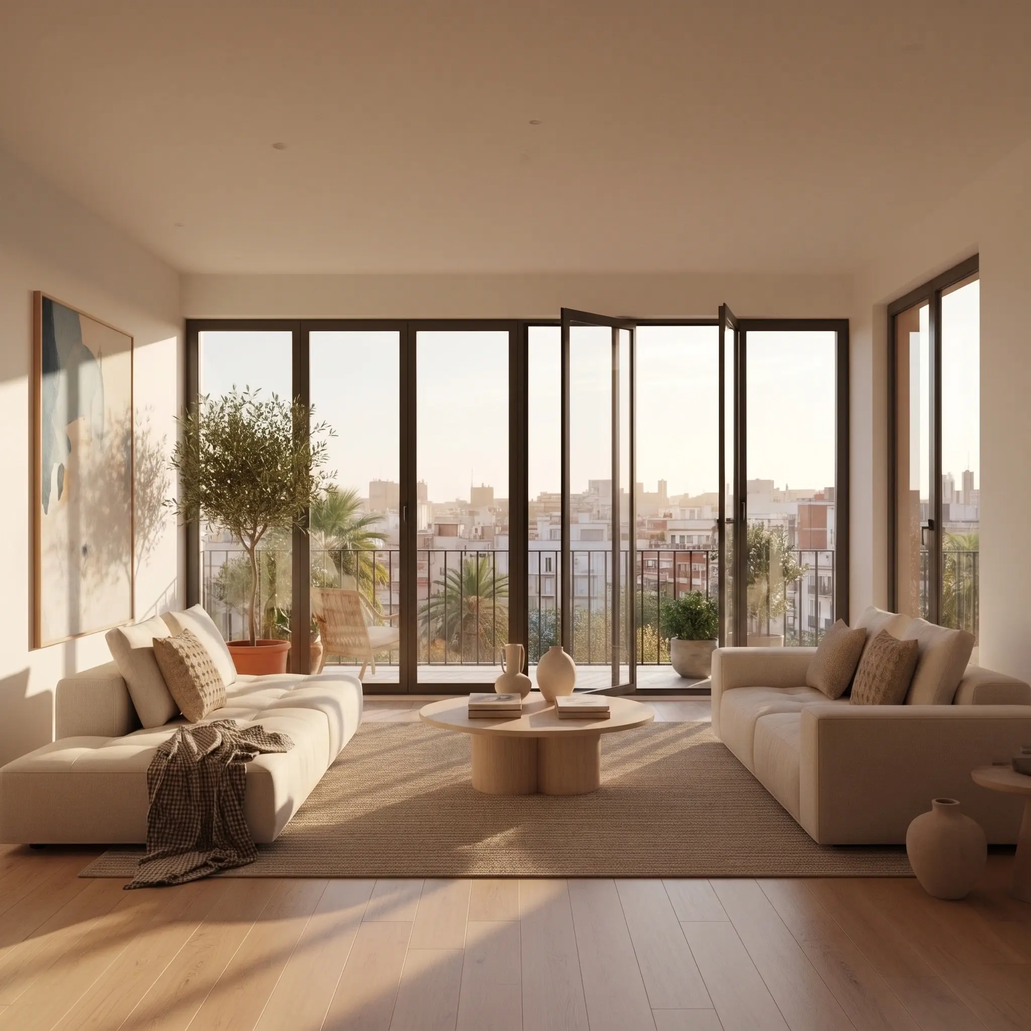 Vídeo inmobiliario profesional de salón moderno con terraza en Barcelona
