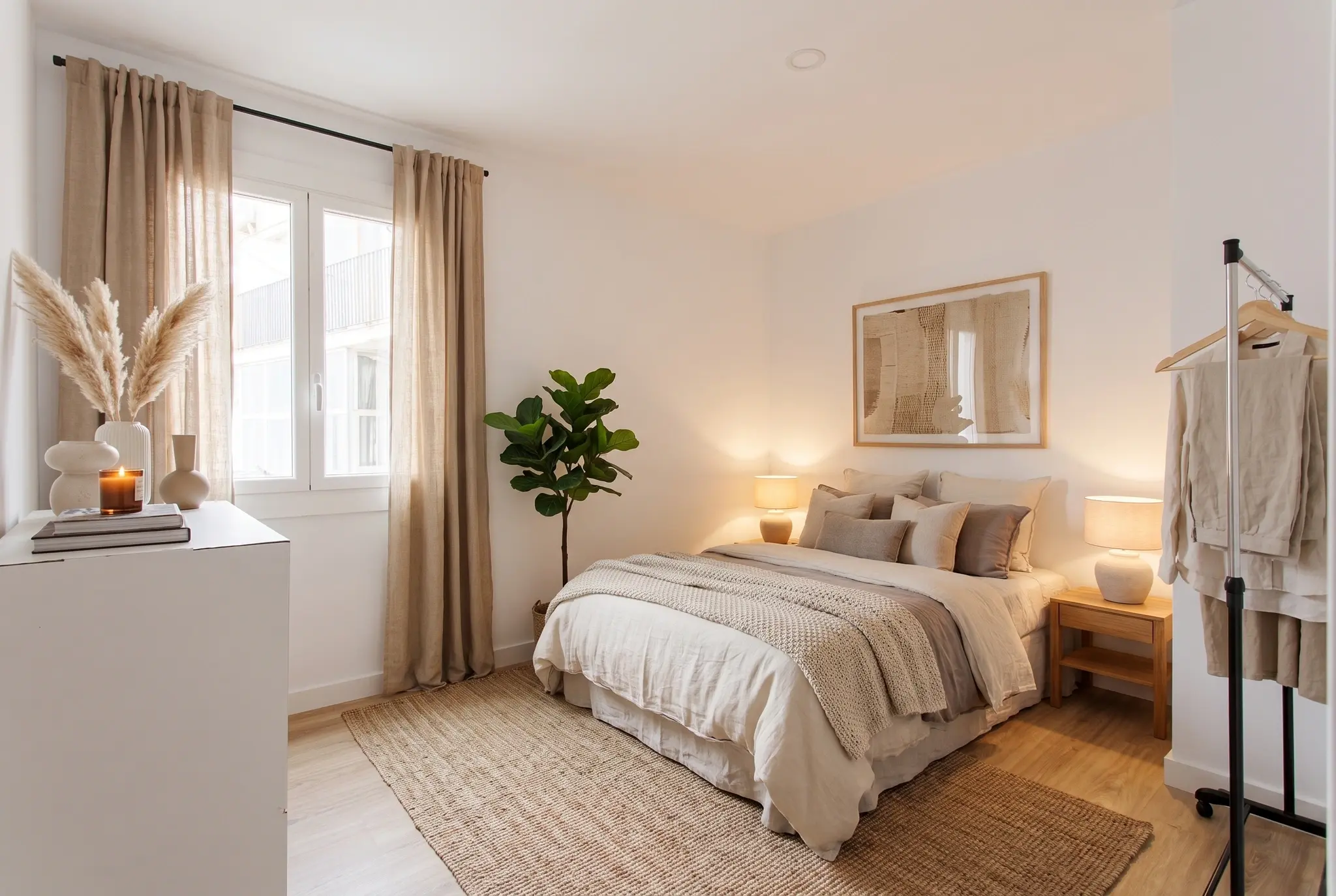 Dormitorio decorado con textiles después del home staging