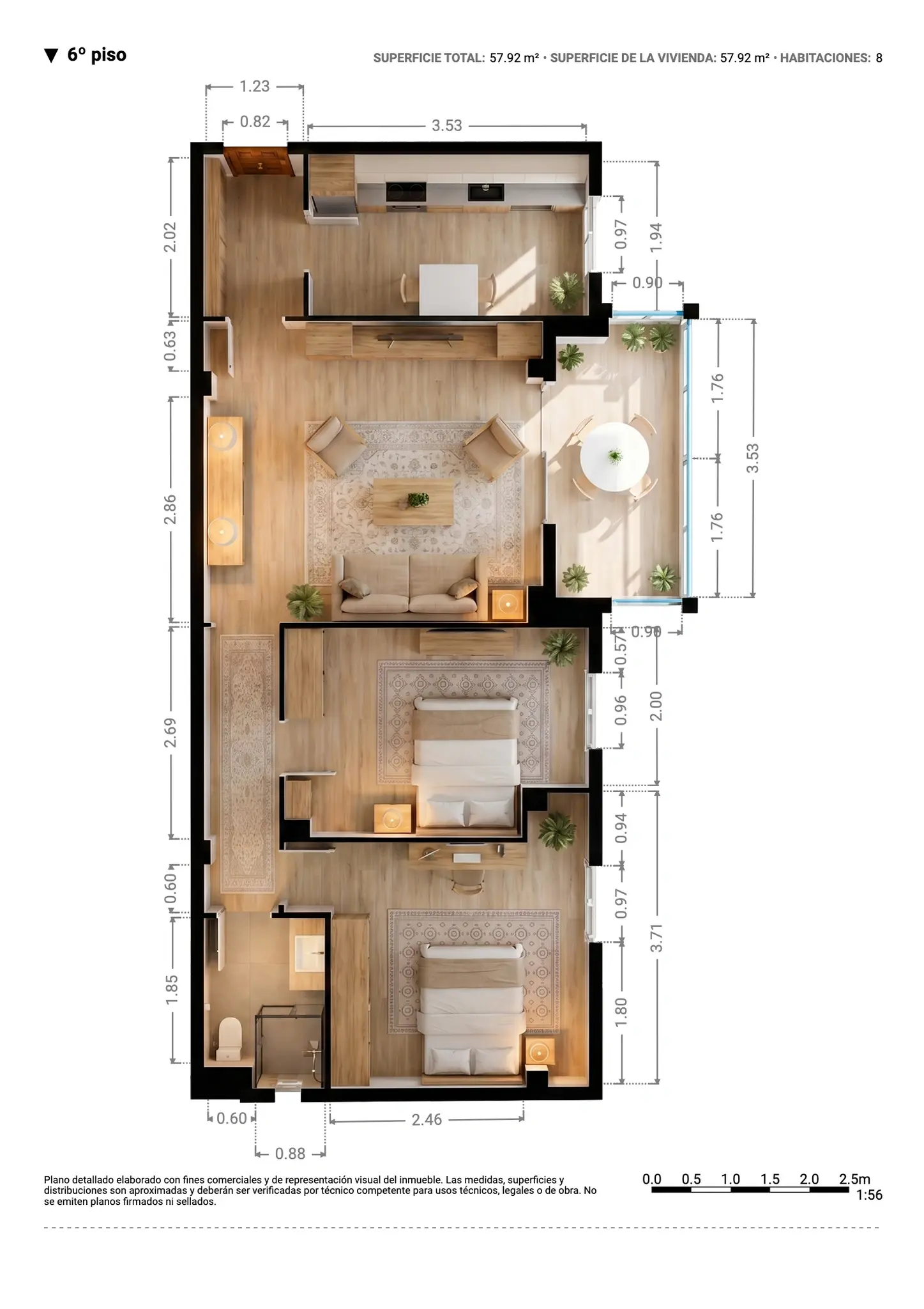 Plano inmobiliario 3D con medidas · Proyecto 04