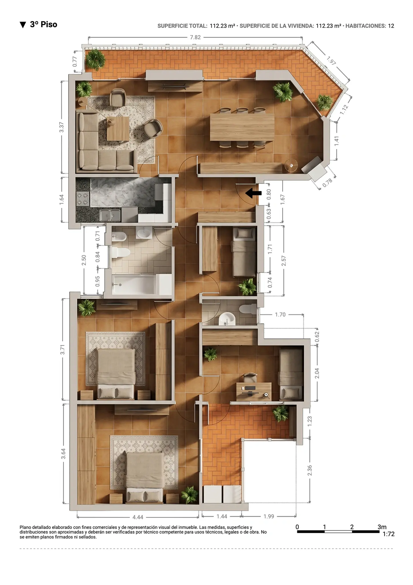 Plano inmobiliario 3D con medidas · Proyecto 05