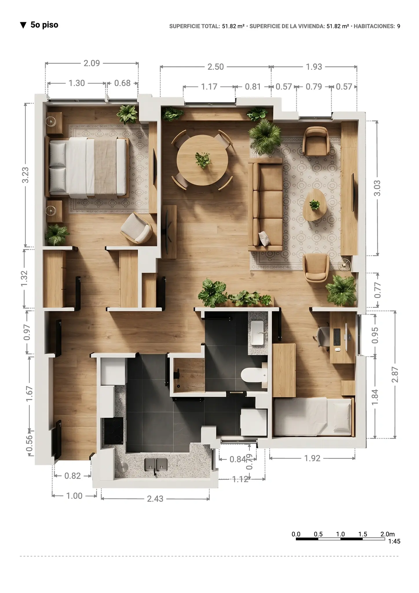 Plano inmobiliario 3D con medidas · Proyecto 06
