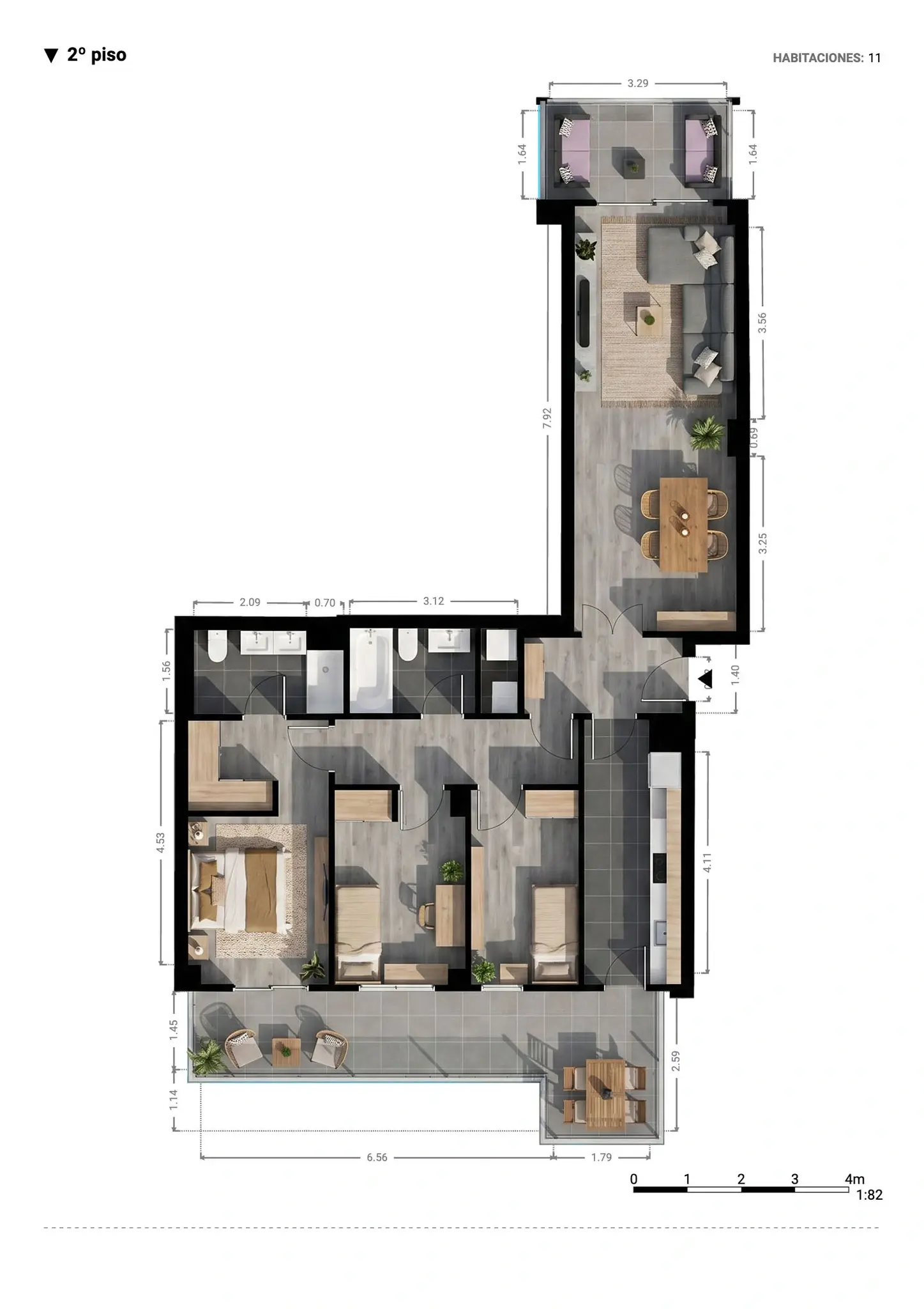 Plano inmobiliario 3D con medidas · Proyecto 09