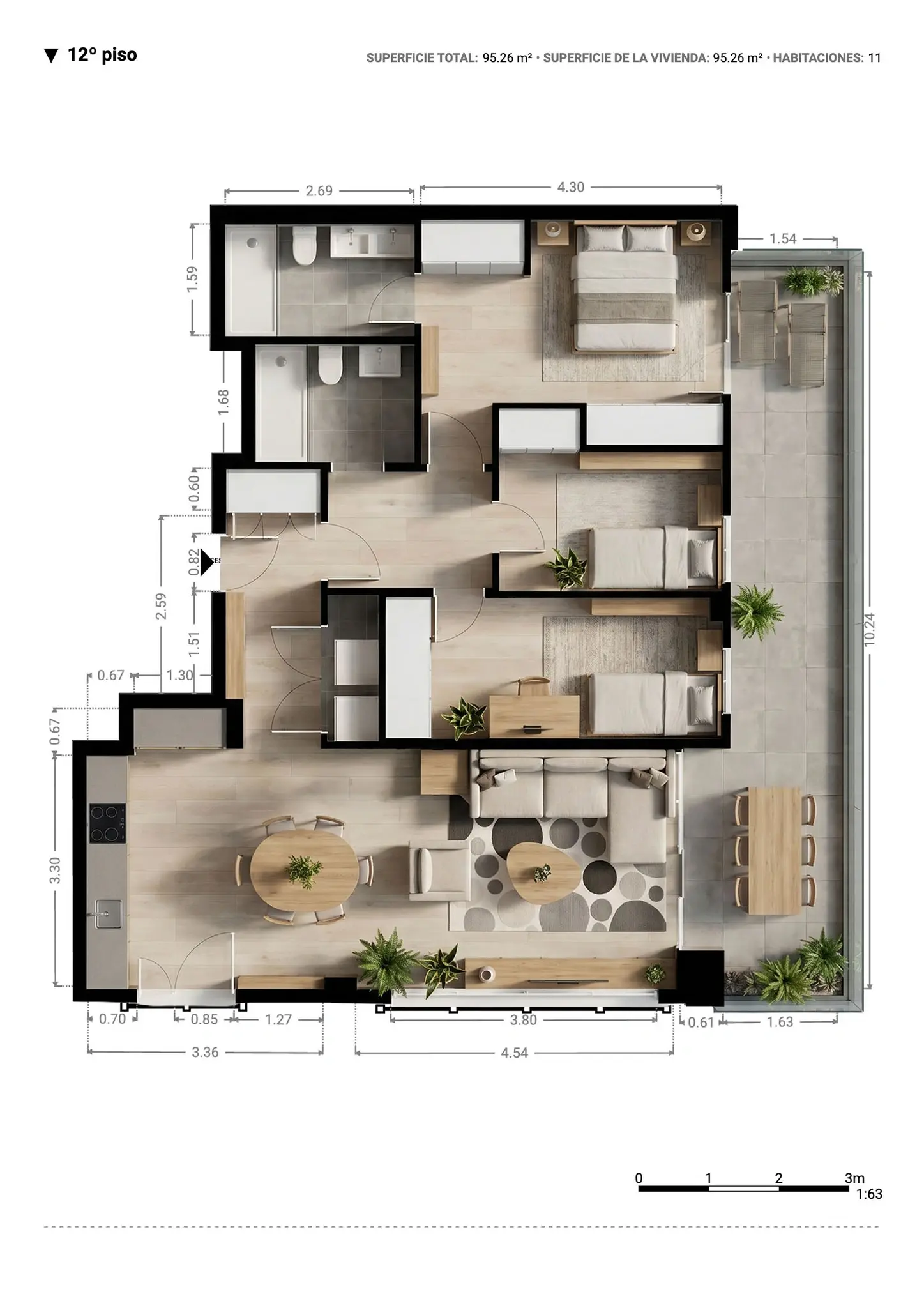 Plano inmobiliario 3D con medidas · Proyecto 10