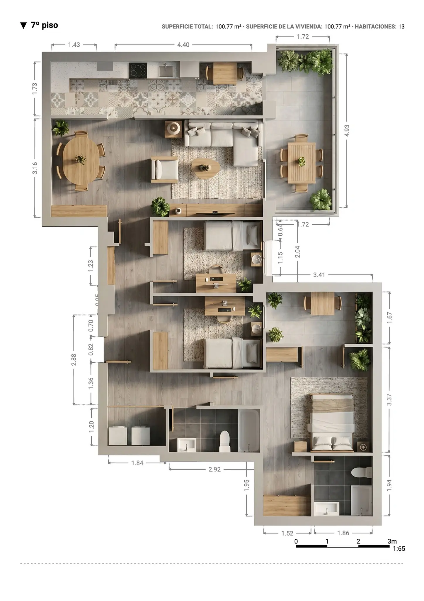Plano inmobiliario 3D con medidas · Proyecto 12