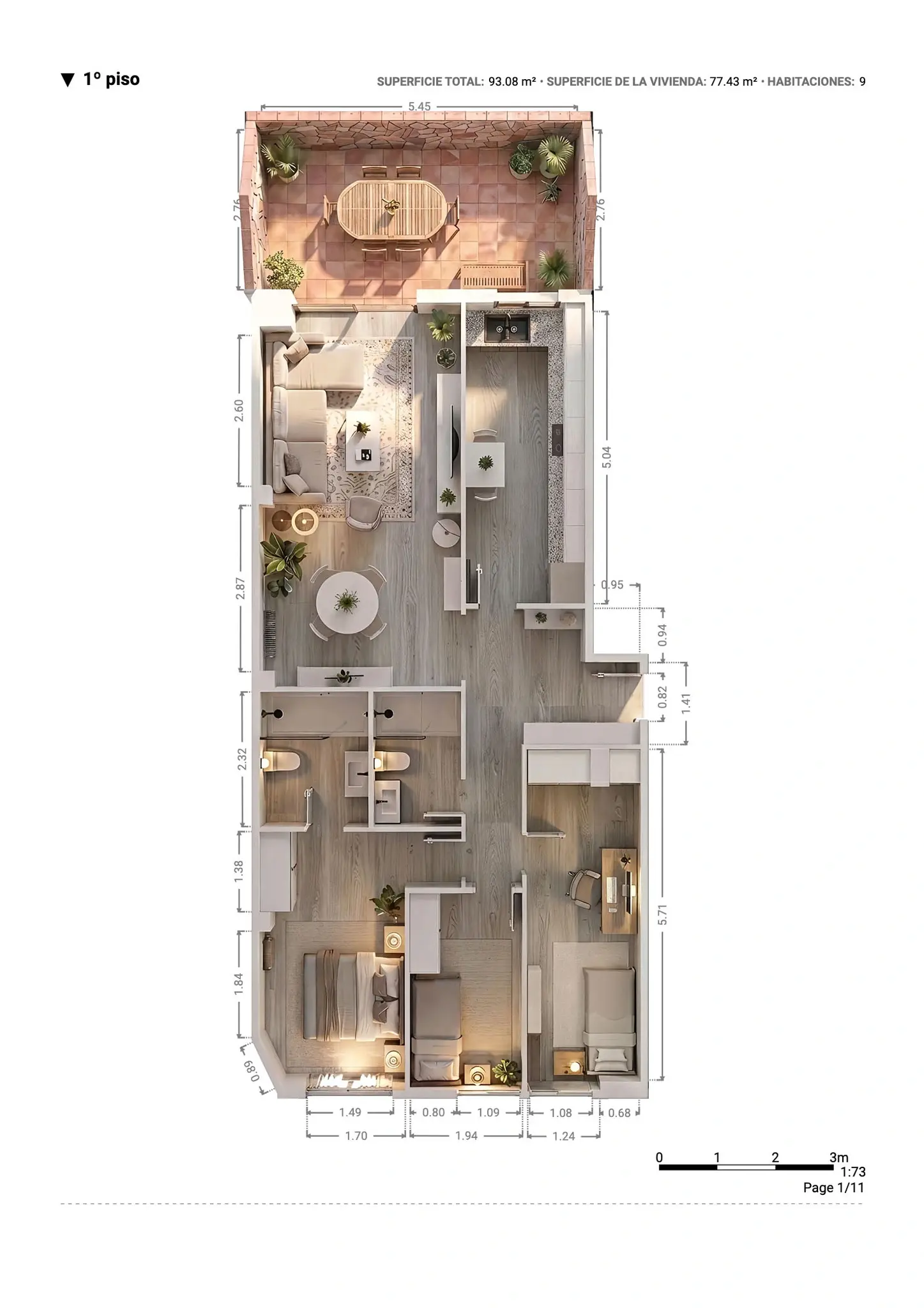 Plano inmobiliario 3D con medidas · Proyecto 13