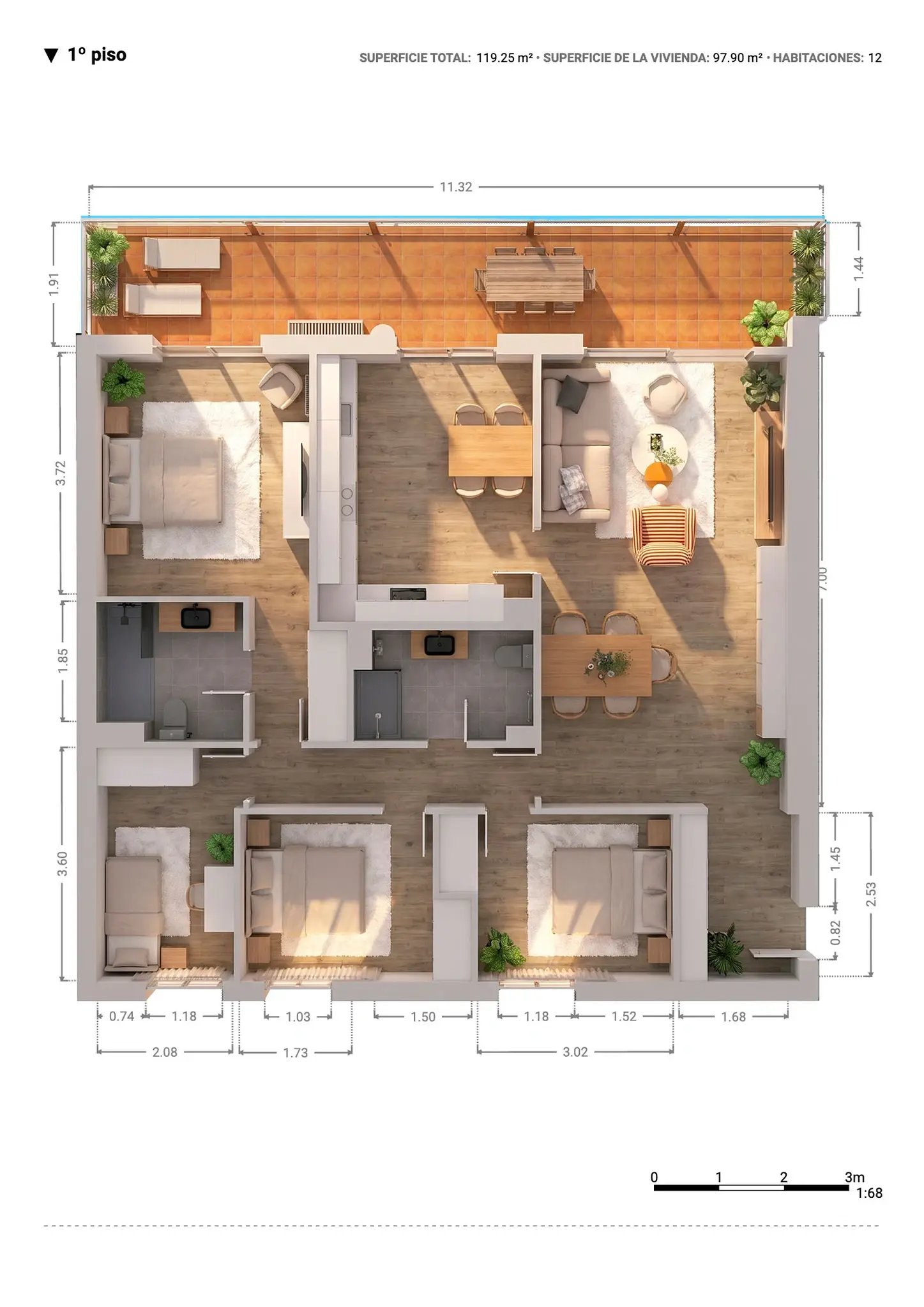 Plano inmobiliario 3D con medidas · Proyecto 15