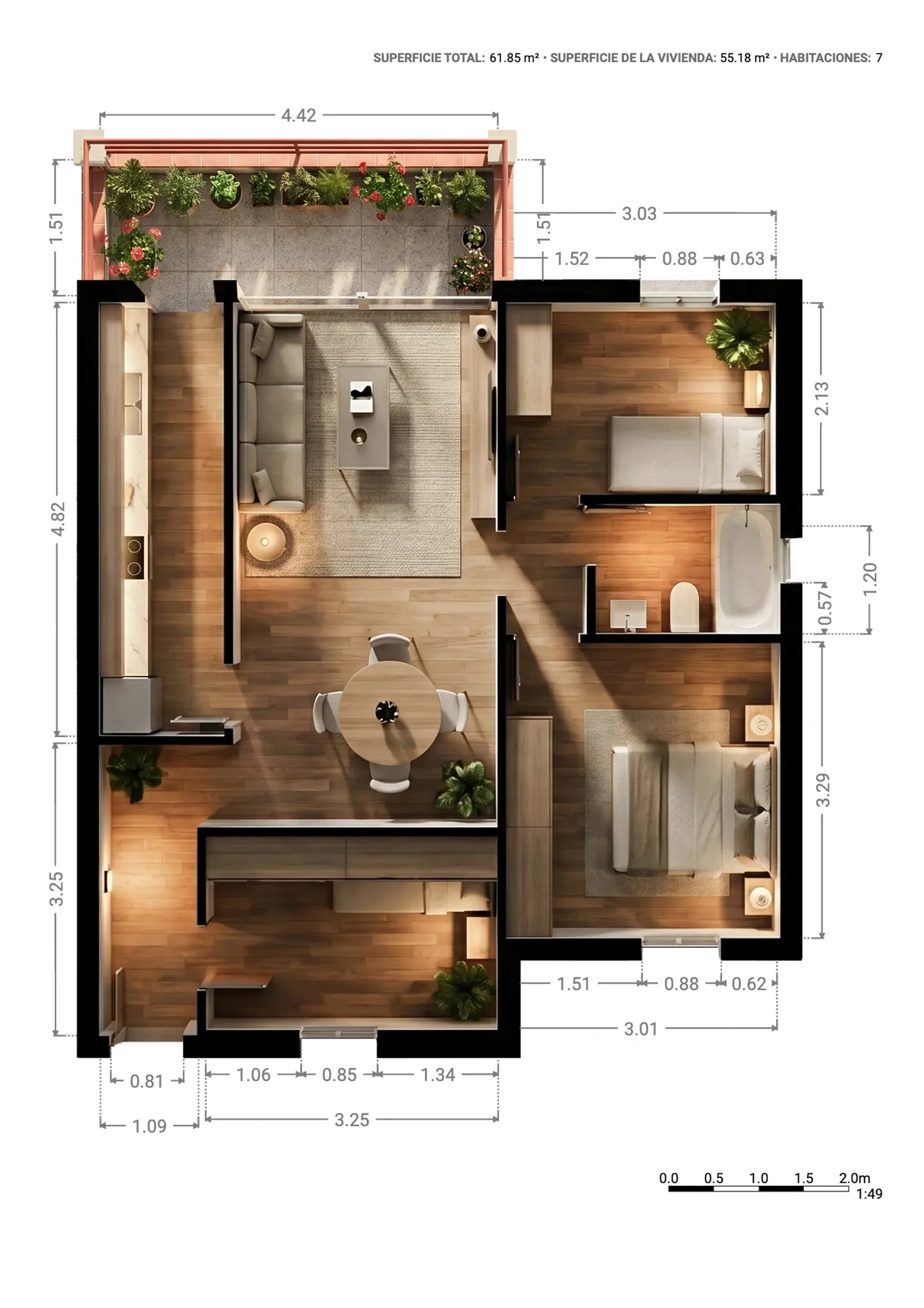 Plano inmobiliario 3D con medidas · Proyecto 16