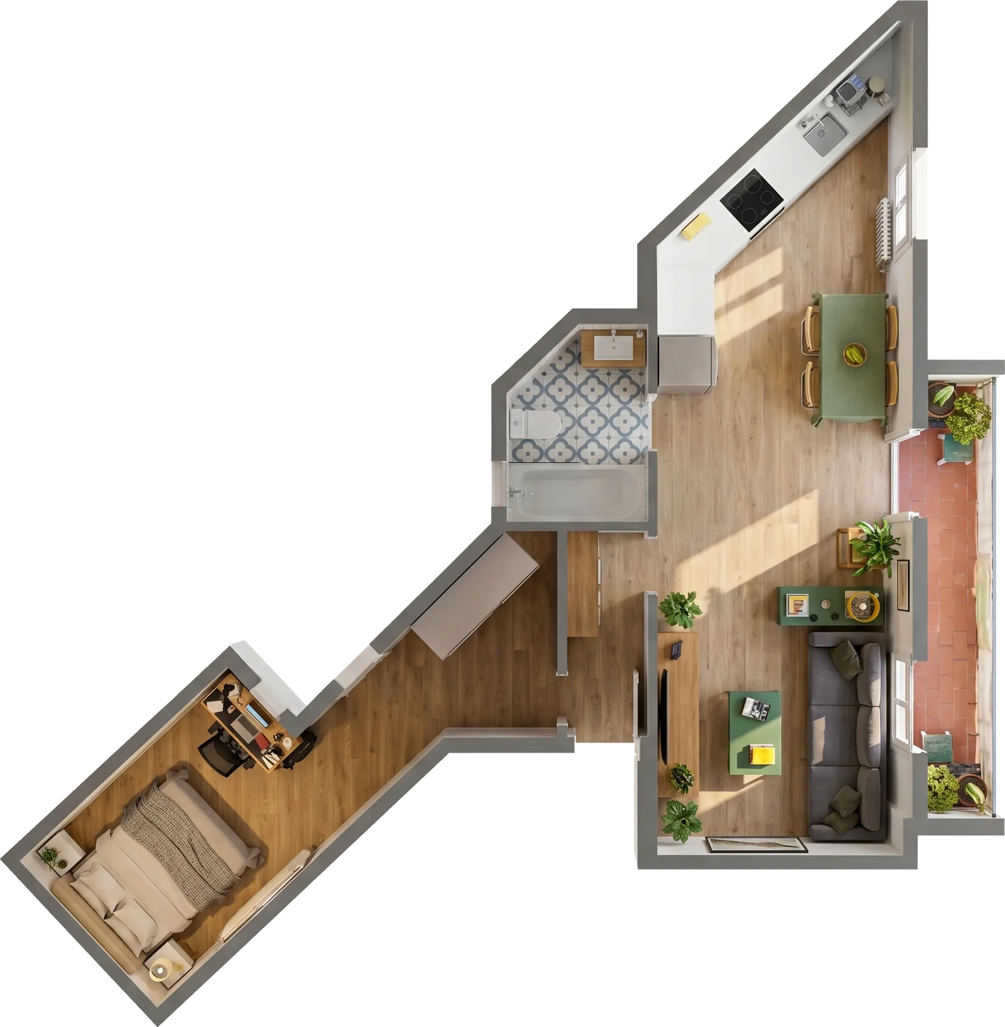 Plano inmobiliario 3D amueblado de apartamento en Barcelona después de versión 2D