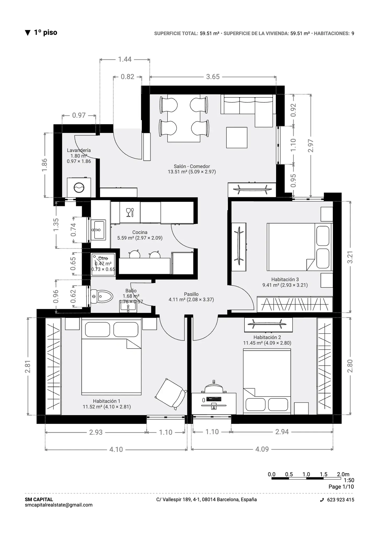 Plano inmobiliario 2D con medidas y cotas para vivienda en Barcelona