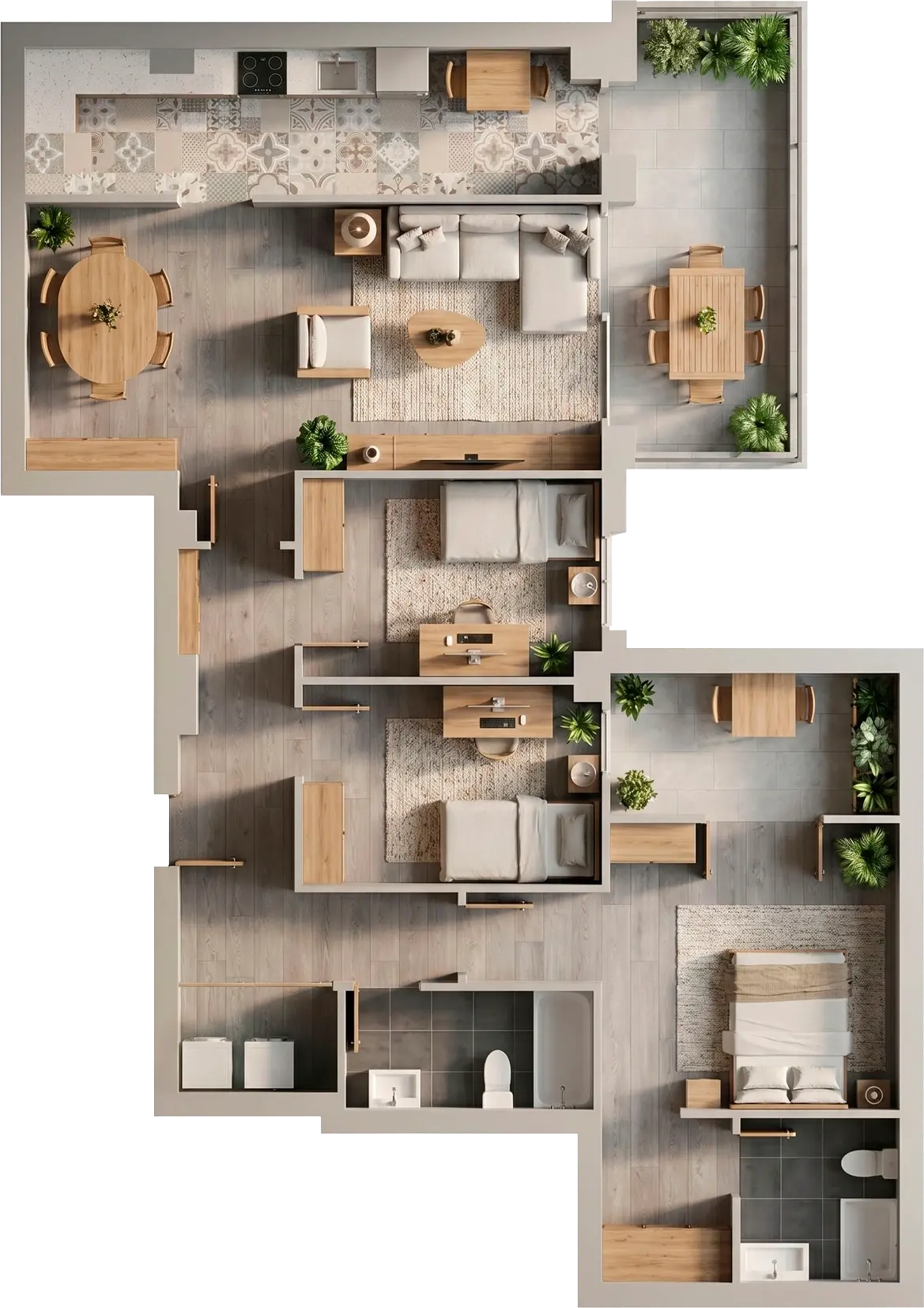 Plano 3D de piso familiar con tres dormitorios y terraza en Barcelona