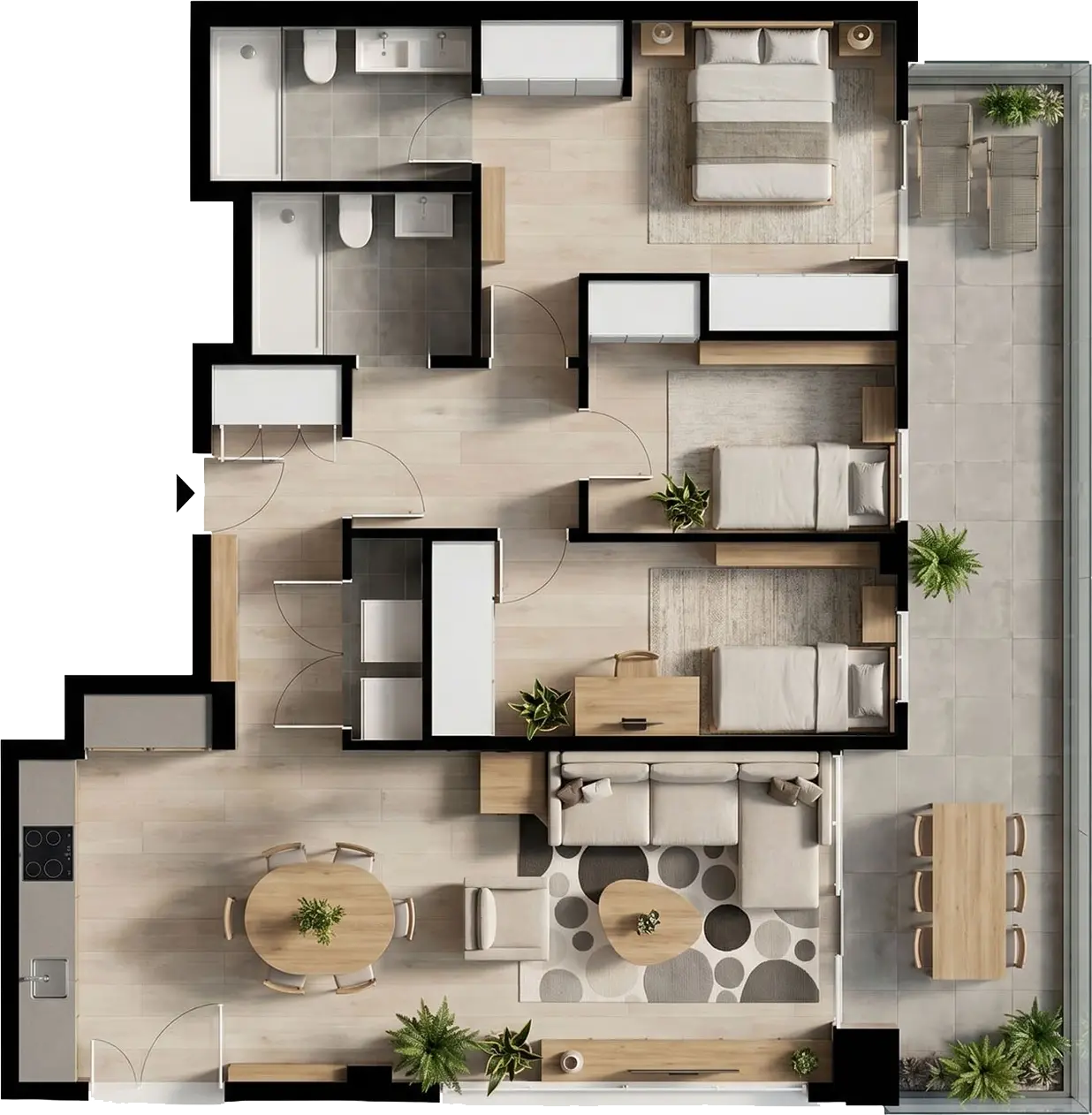 Plano 3D de piso con tres dormitorios, dos baños y terraza en Barcelona