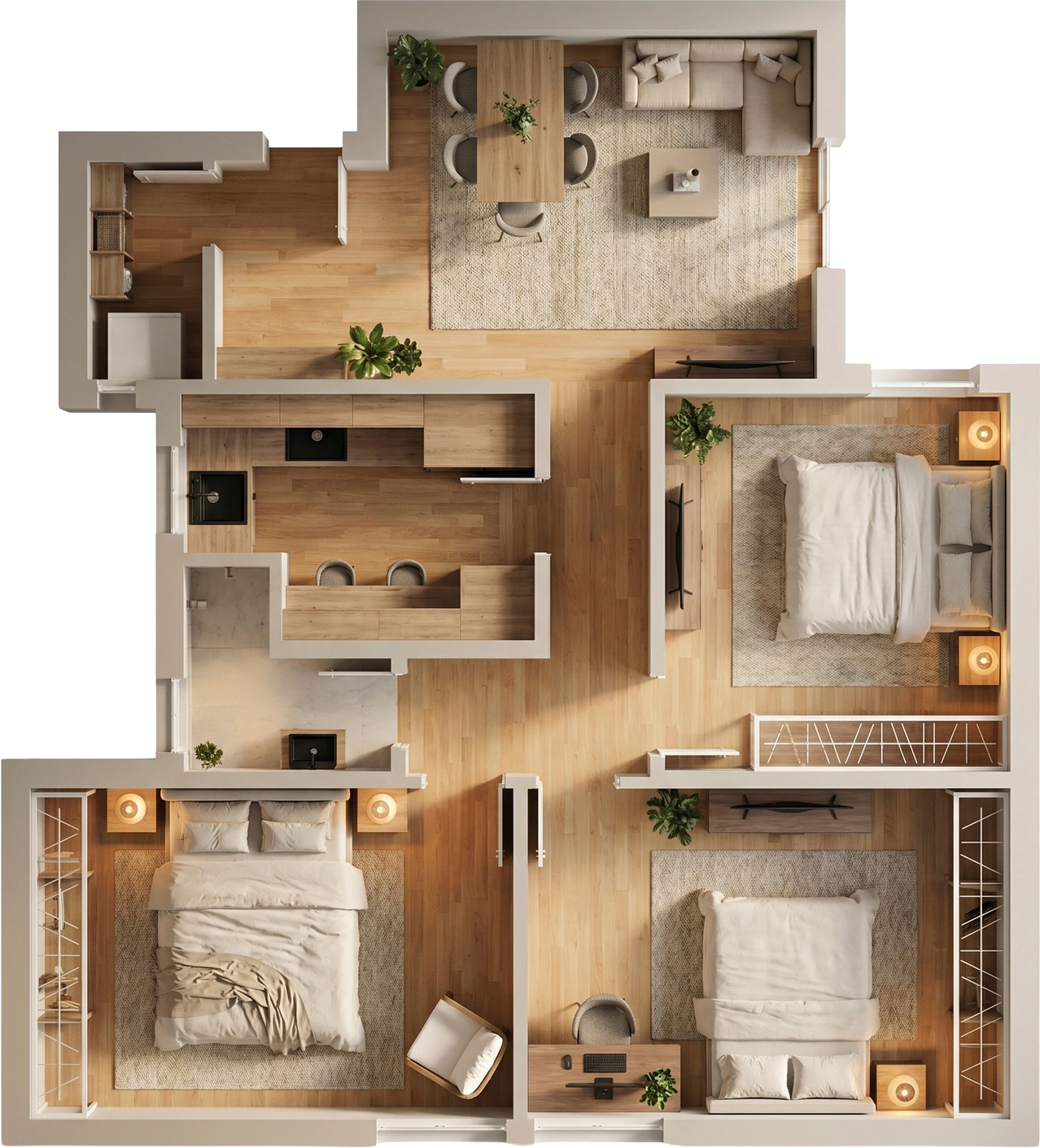 Plano 3D de vivienda con tres dormitorios y salón comedor en Barcelona