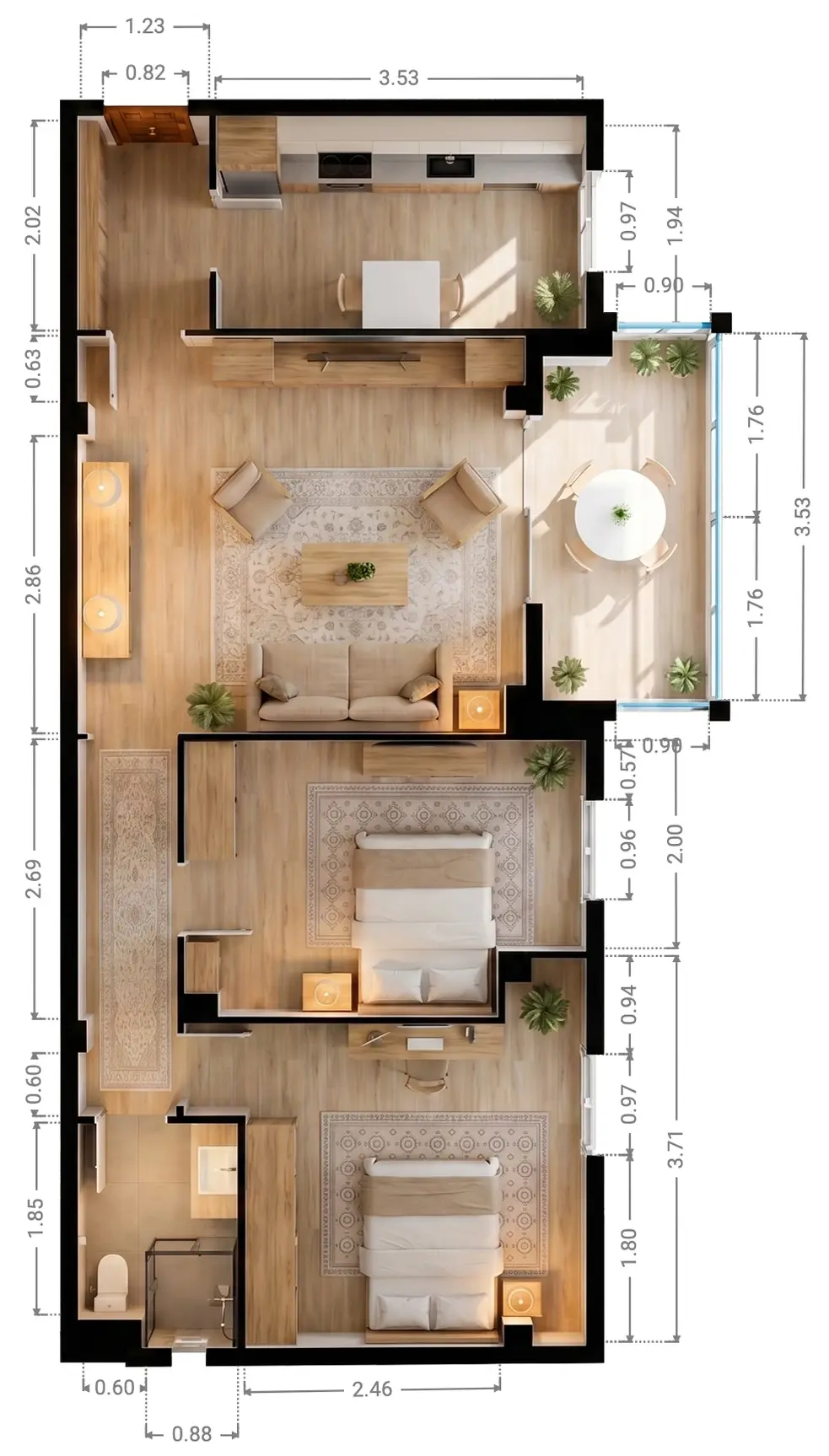 Plano inmobiliario 3D con medidas y cotas Plano inmobiliario 3D con medidas y cotas para venta de vivienda