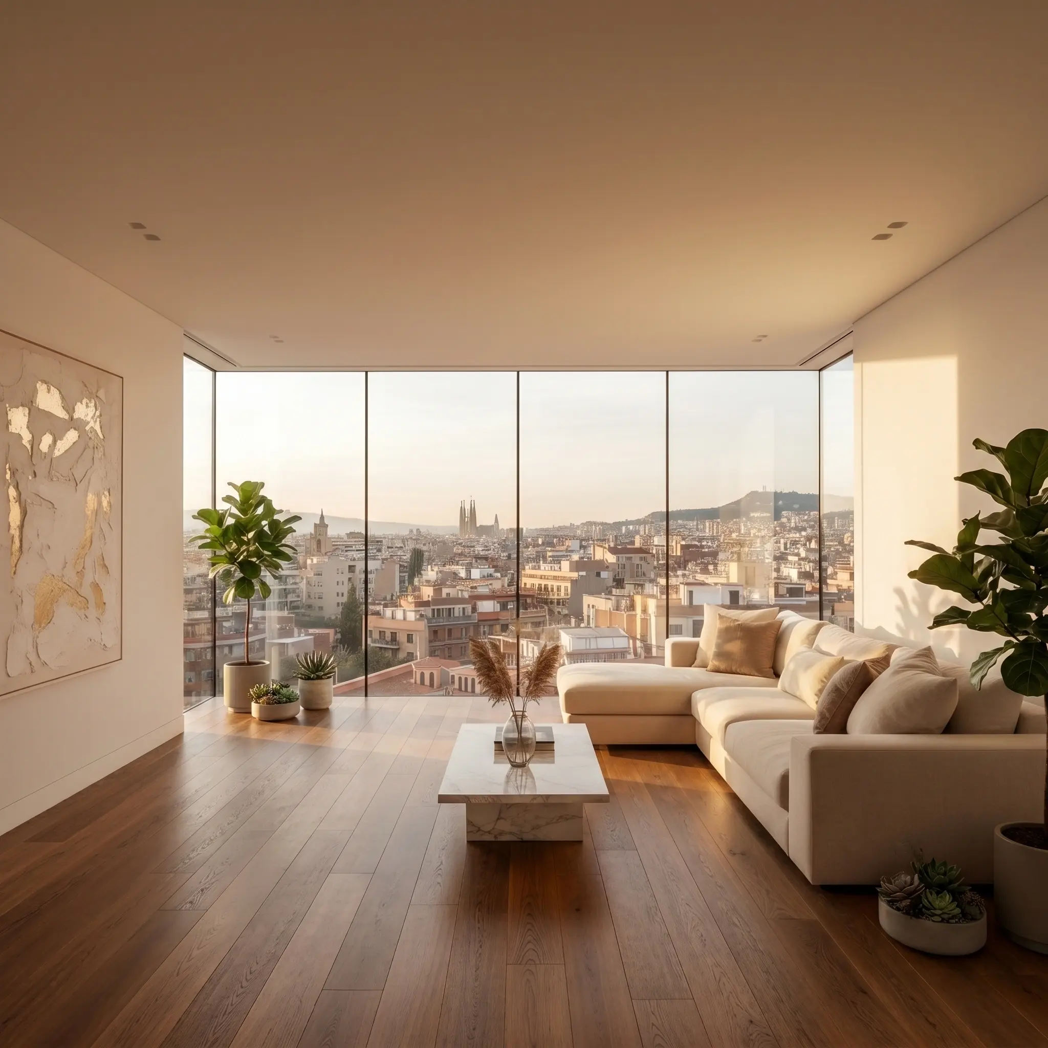 Render inmobiliario de salón de lujo con vistas a la Sagrada Familia en Barcelona