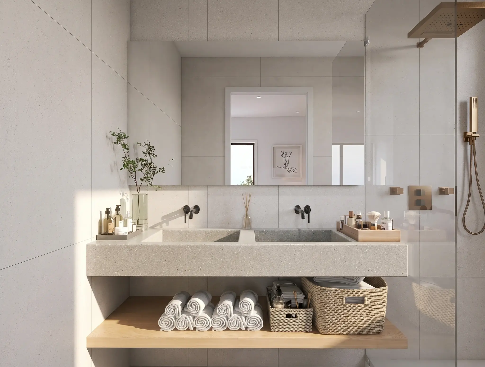 Render inmobiliario de baño minimalista con doble lavabo y ducha