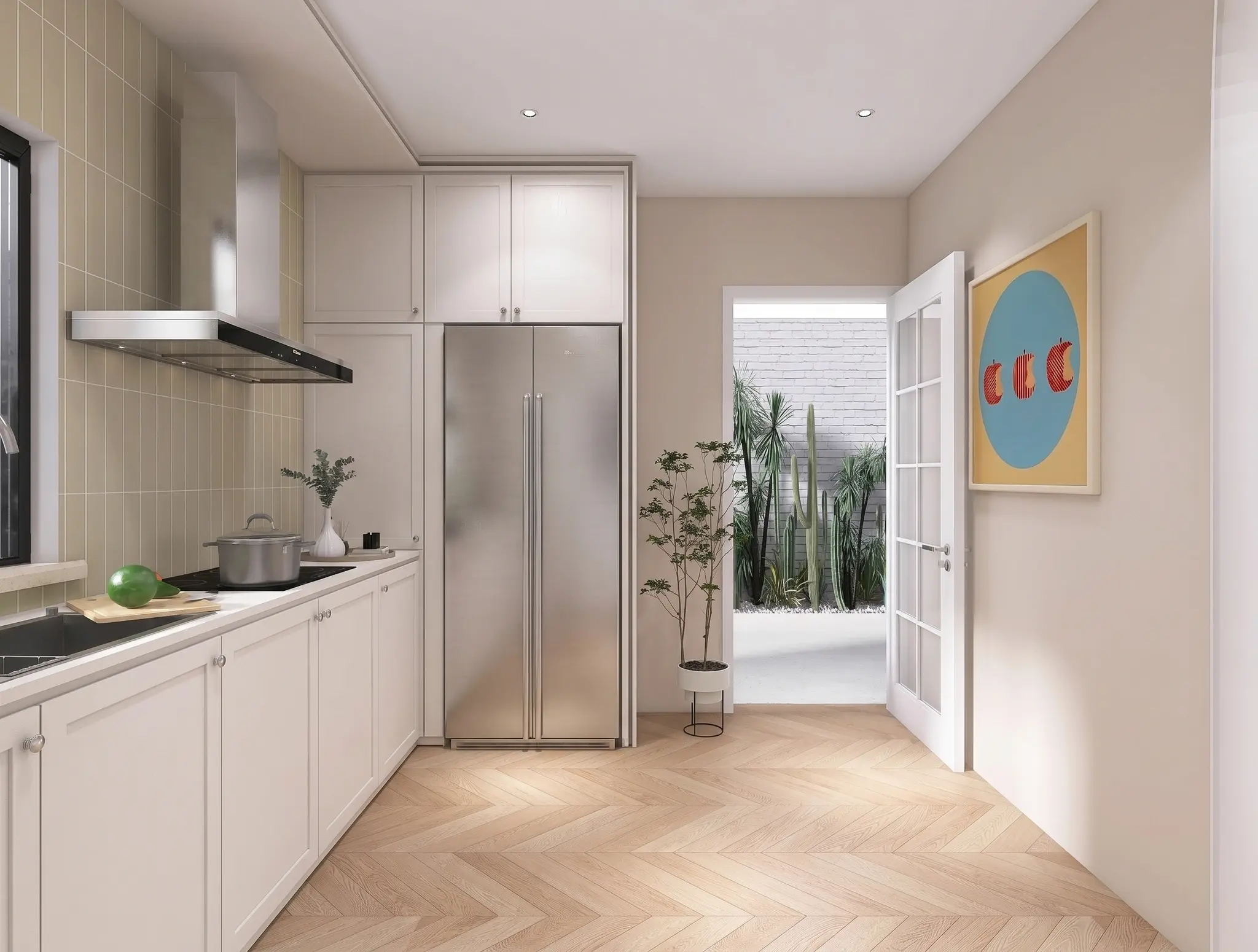 Render inmobiliario de cocina luminosa para invertir y presentar proyectos