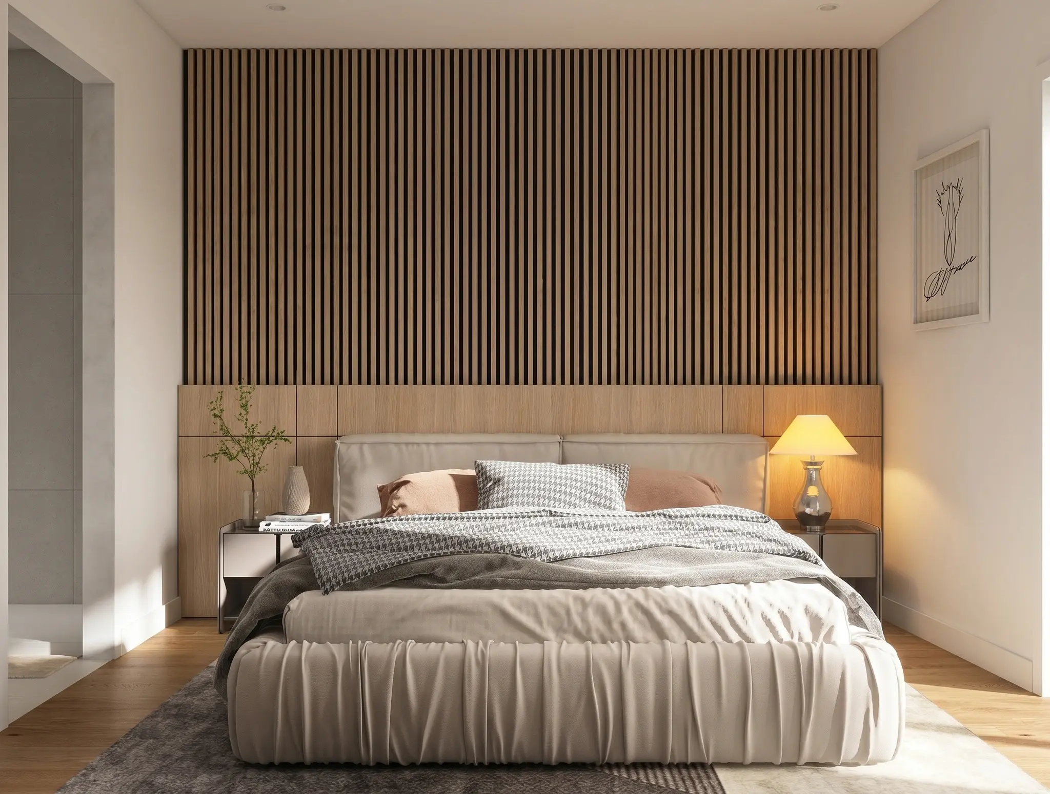 Render inmobiliario de dormitorio principal con cabecero de lamas de madera