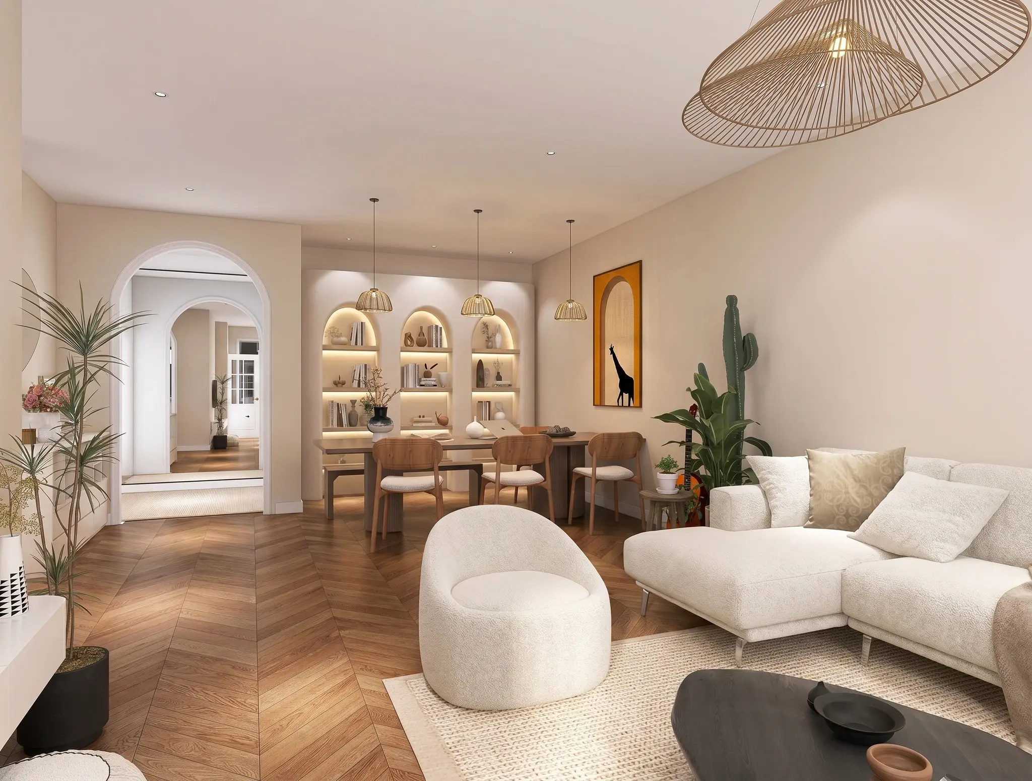 Render 3D inmobiliario para crear espacios desde cero Render 3D inmobiliario de salón comedor con ventanal y banco integrado