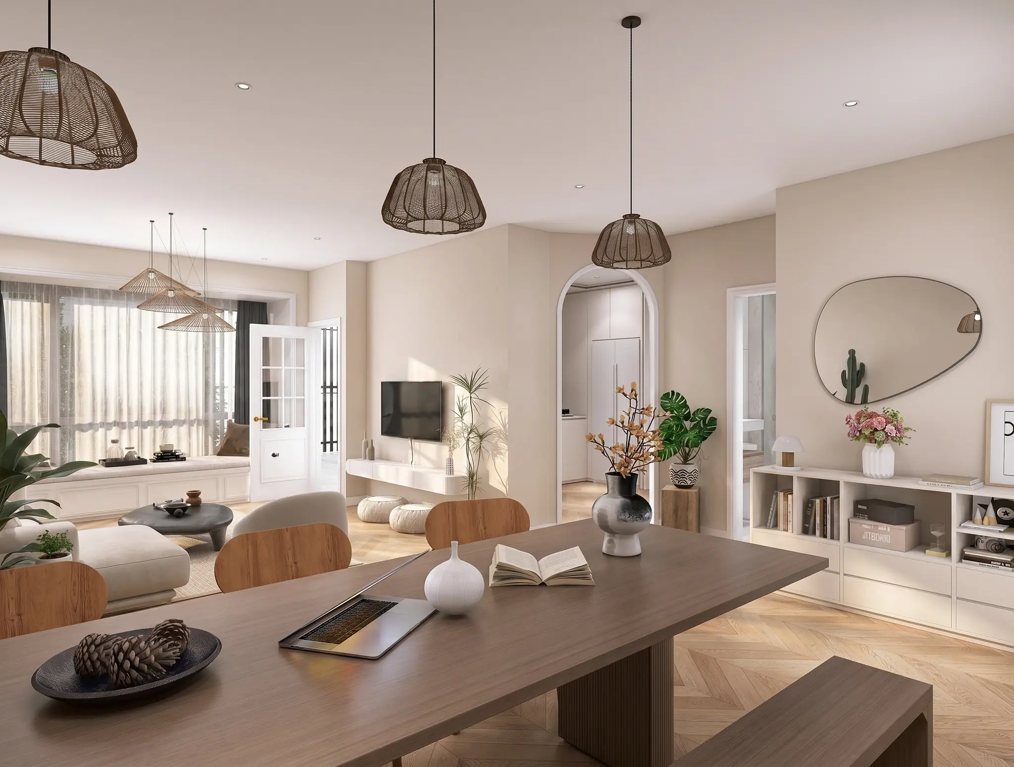 Render inmobiliario de salón comedor con ventanal y banco integrado