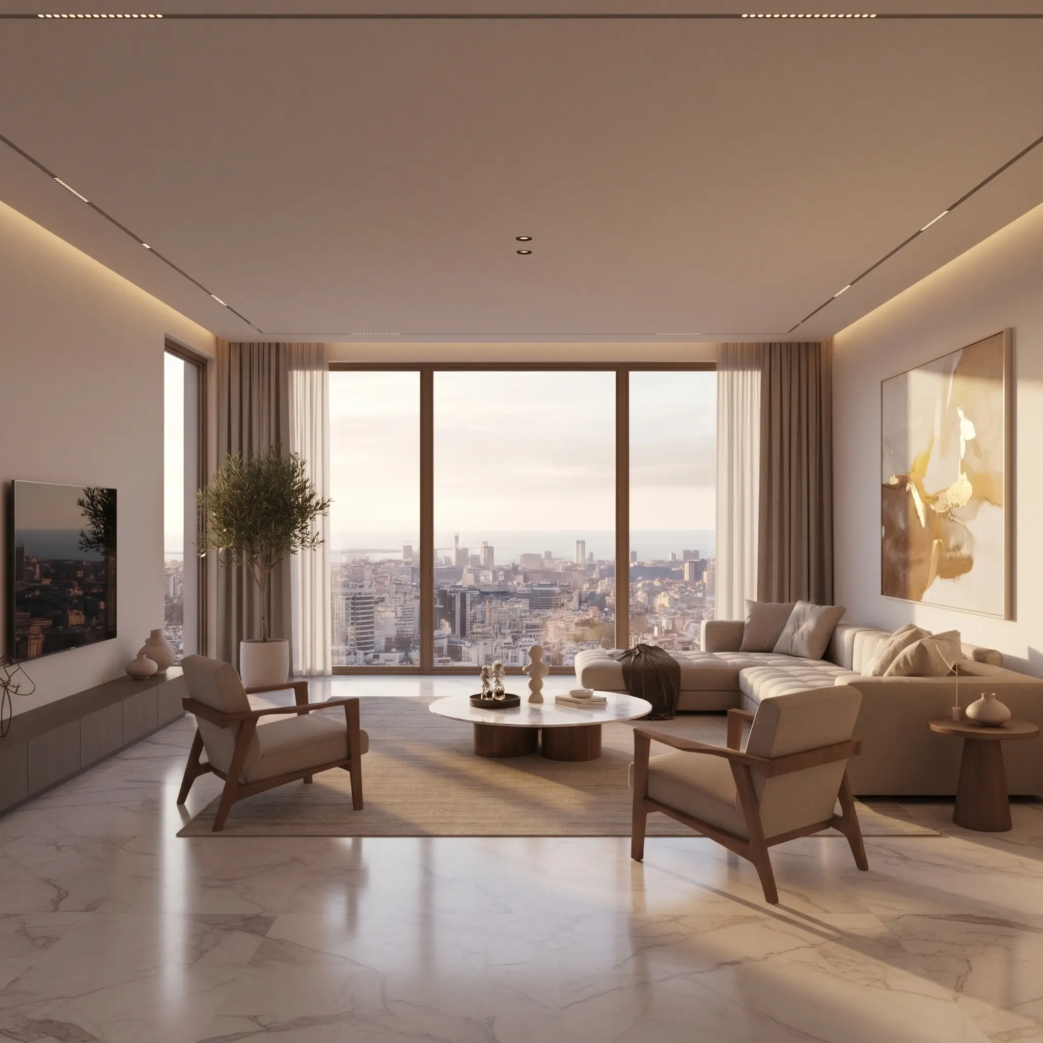Render inmobiliario de salón de lujo con vistas panorámicas