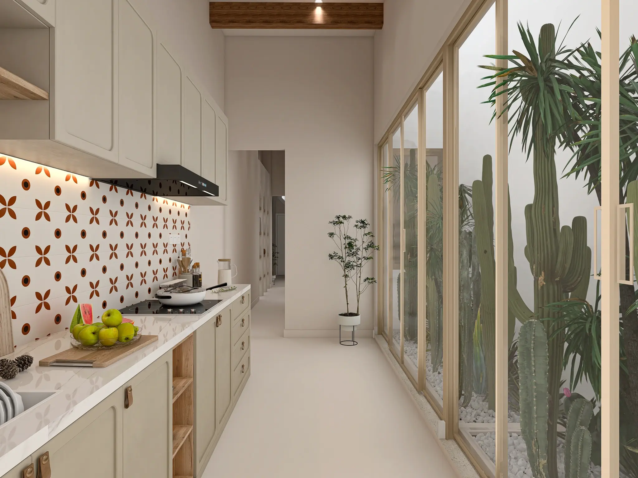 Tour virtual de cocina lineal con patio interior y cristalera