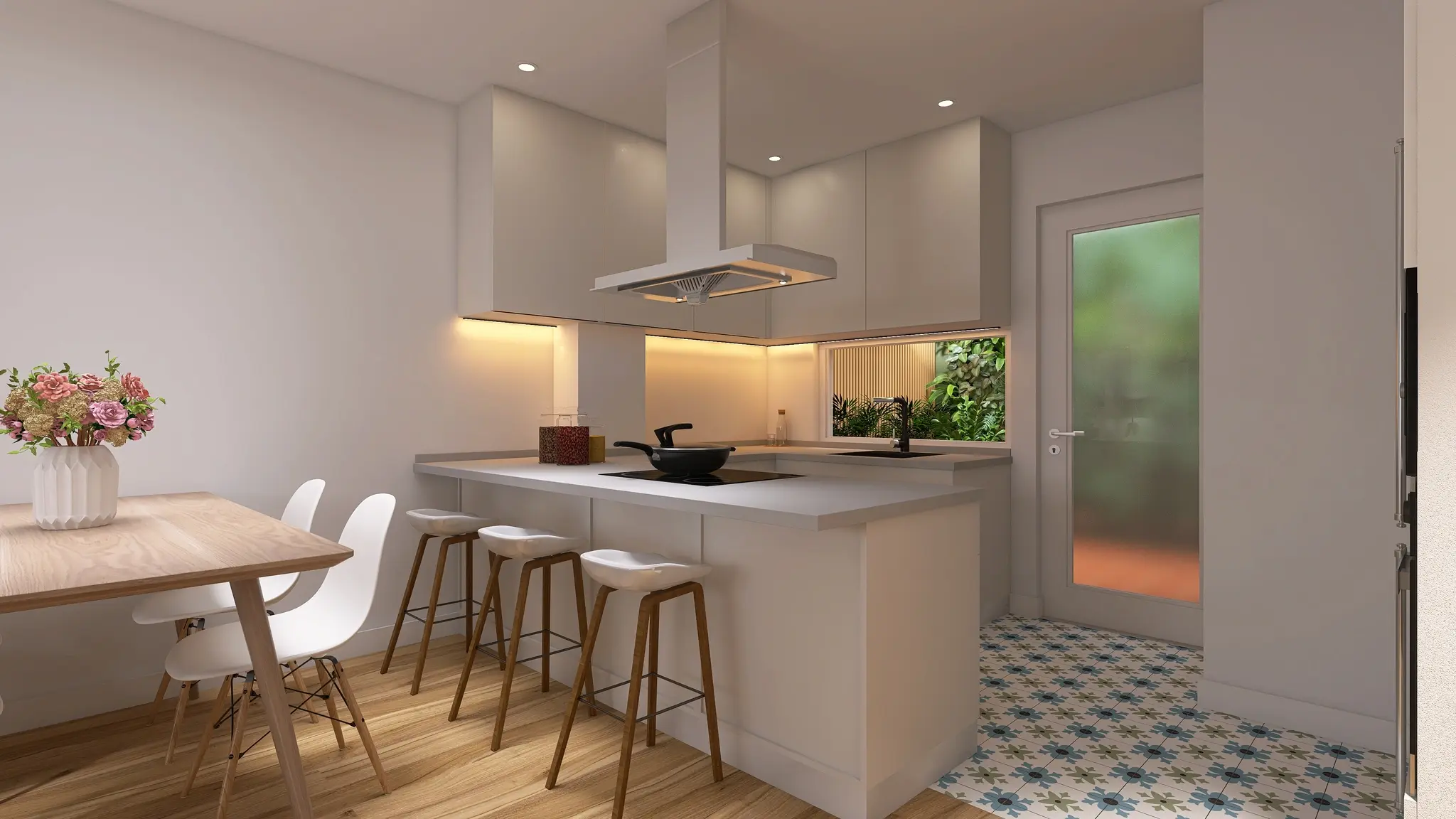 Tour virtual de cocina moderna con isla, barra y comedor