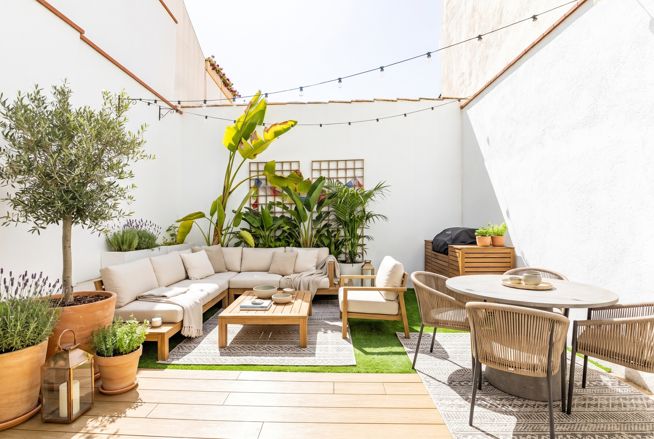 Terraza amueblada con zona chill out después de transformación visual inmobiliaria