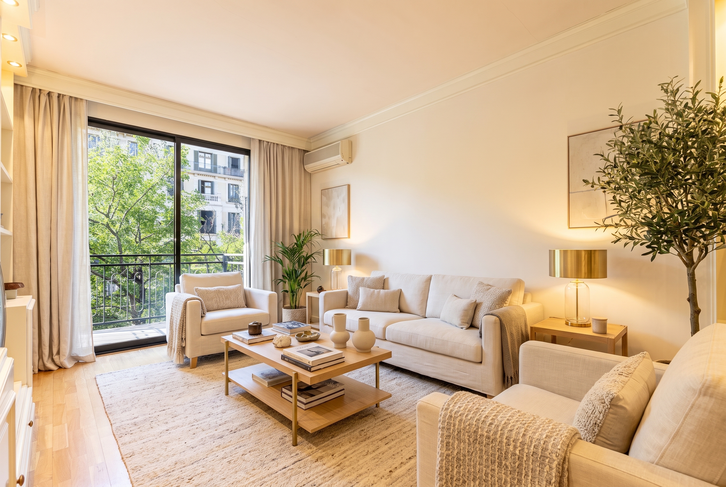 Salón renovado con estilo neutro después de home staging virtual