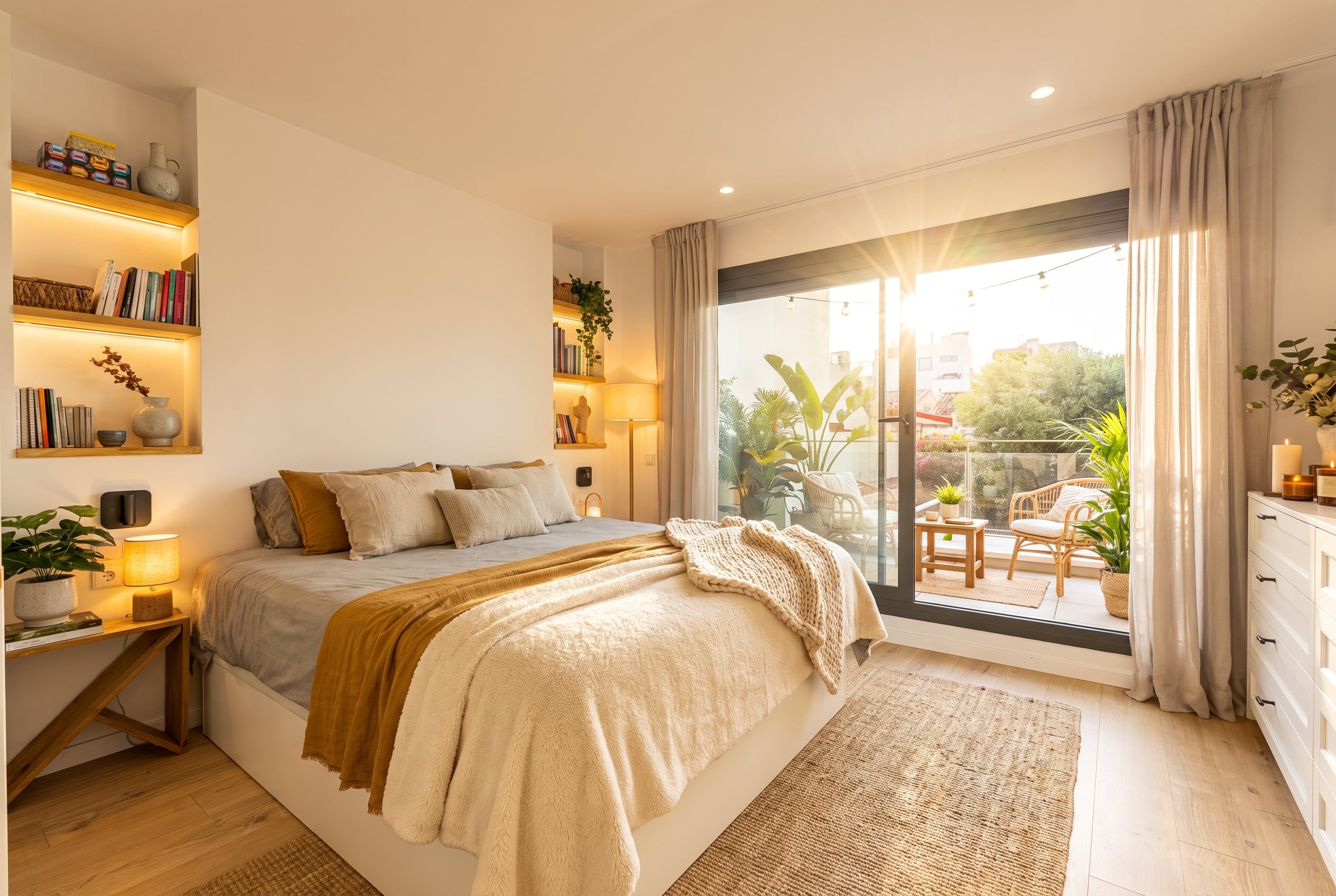 Dormitorio decorado con luz natural después de home staging virtual