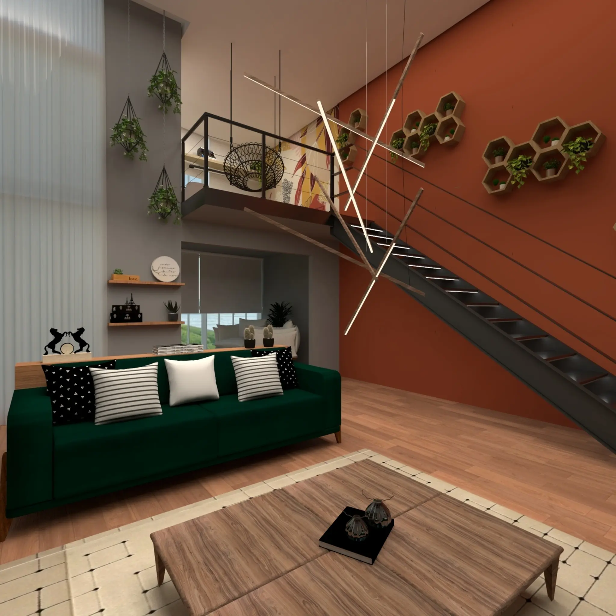 Diseño de interiores residencial con salón de doble altura