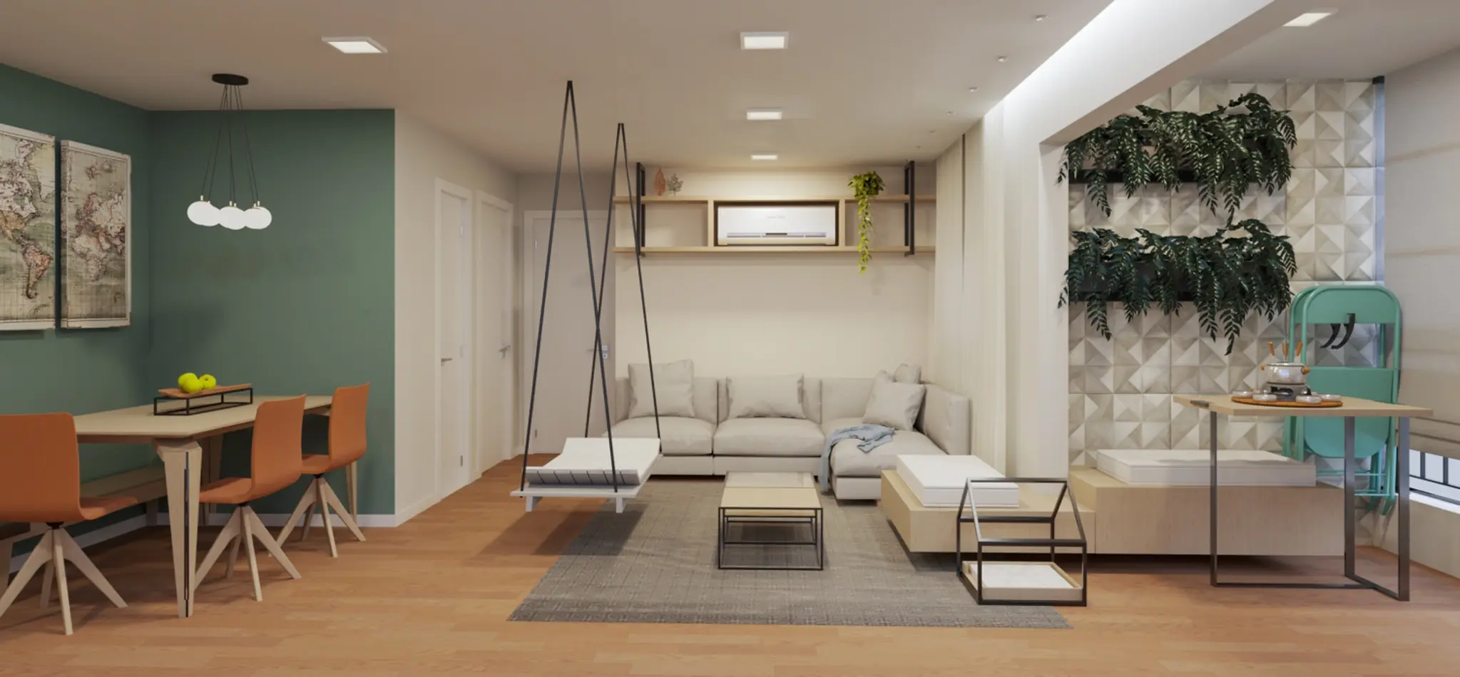 Render de salón comedor moderno